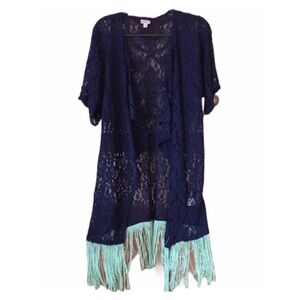 LULAROE Blue Fringe Kimono Lightweight Summer Casual Vacation Small BNWT
